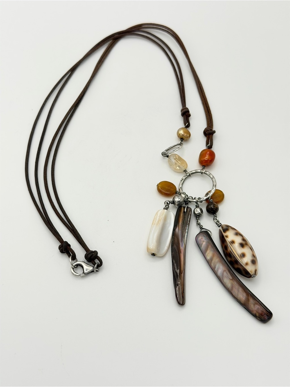 Silpada Vintage Sterling & Leather Citrine, Carnelian & Shell Necklace - Picture 11 of 16